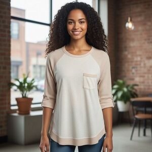 Doe & Rae Beige Cream Pocket 3/4 Sleeve Knit Top Women's Large